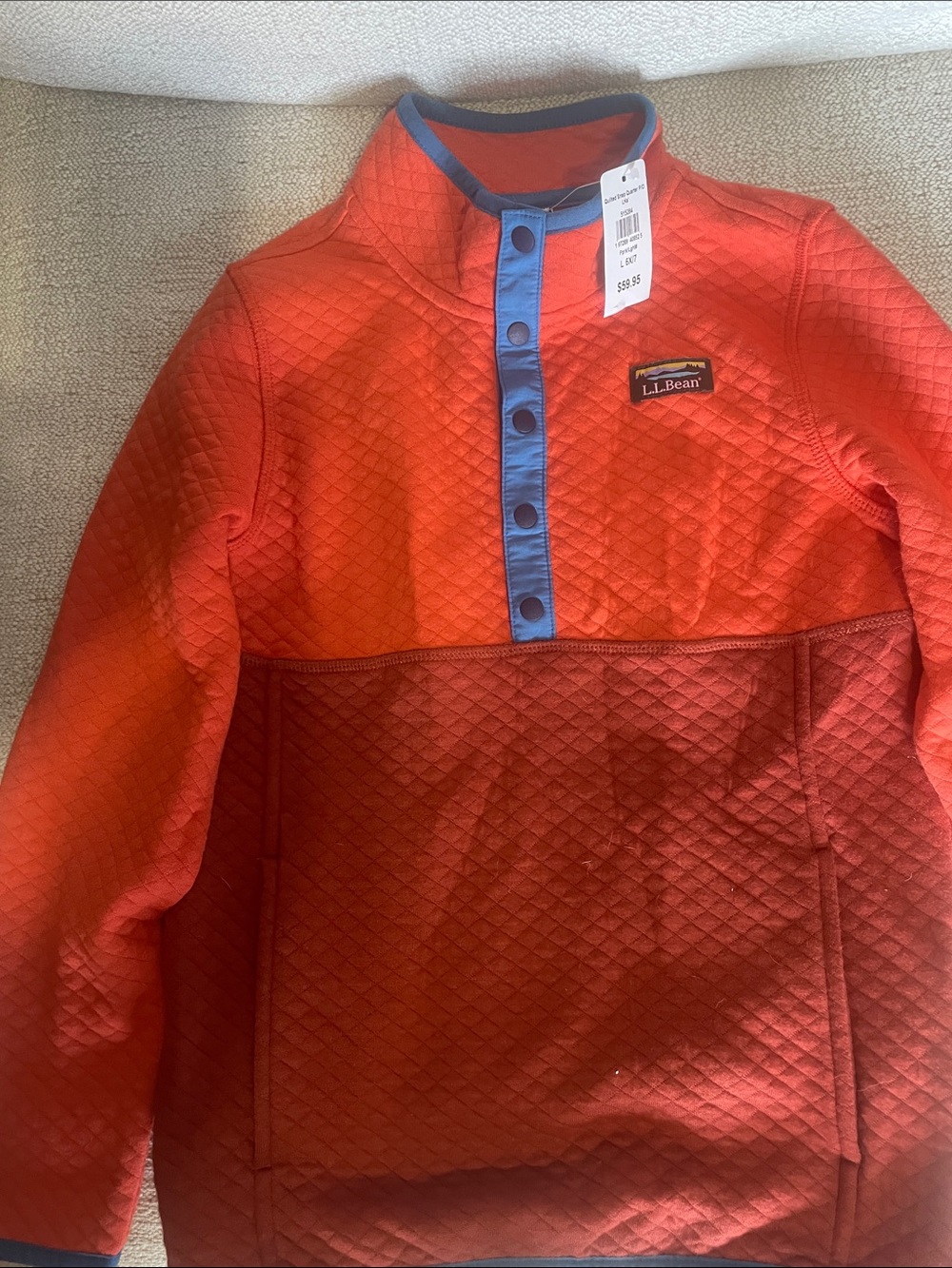 L.L. Bean Kids Quilted Snap Pullover Hoodie - Bright Orange with Blue Trim
